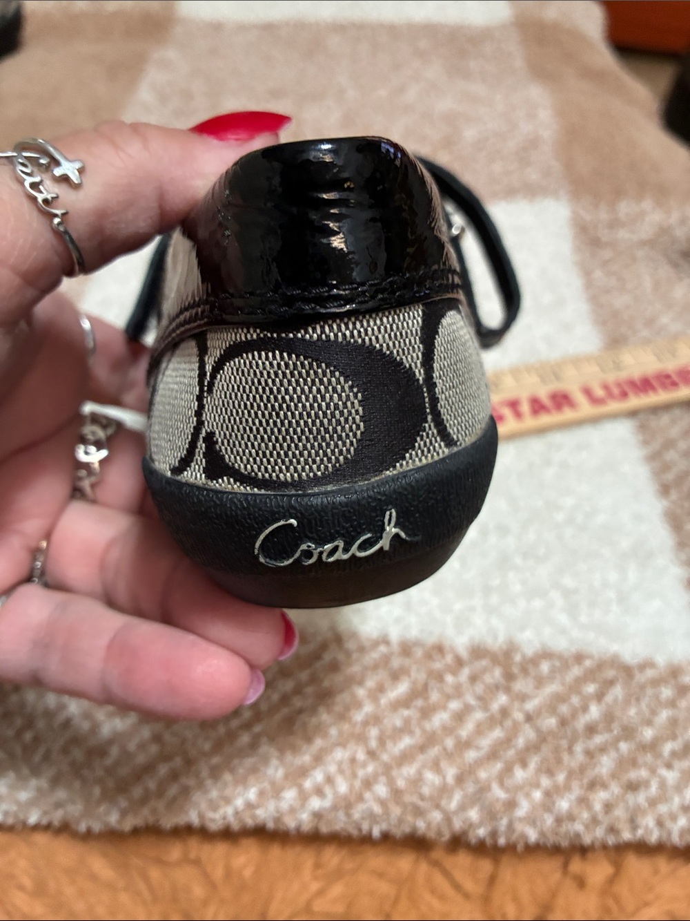 Coach Black Patent & Beige Signature Canvas Mary Jane Flats - Picture 12 of 14